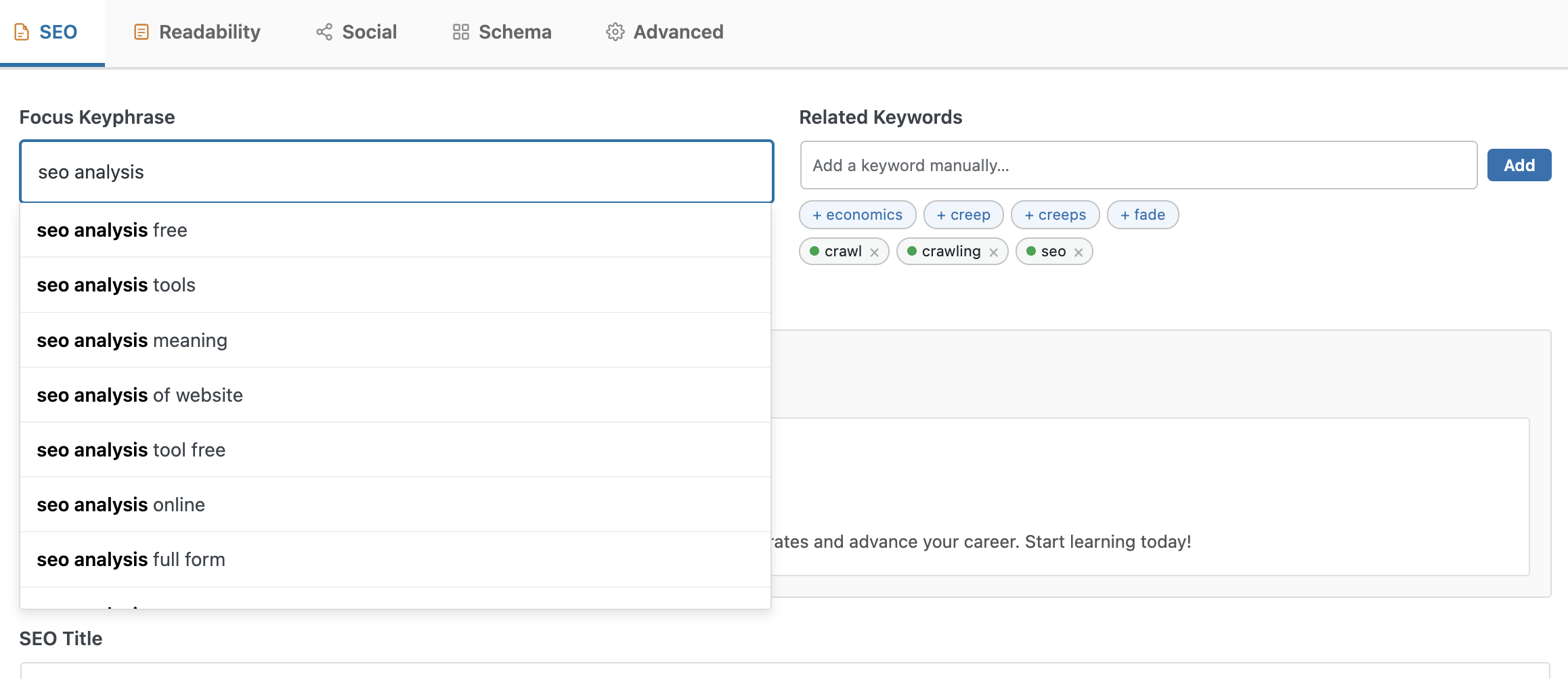 Focus keyphrase field showing a dropdown of live Google autocomplete keyword suggestions and related keywords